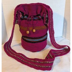 Handwoven Guatemalan Bucket Bag Crossbody Purse Drawstring Colorful Striped Boho
